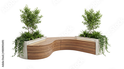 A contemporary curved bench designed for outdoor spaces, featuring a textured wooden seat and integrated planters filled with vibrant green foliage.