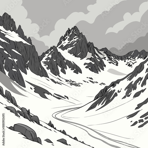 Frozen mountain landscape with snow and rocks