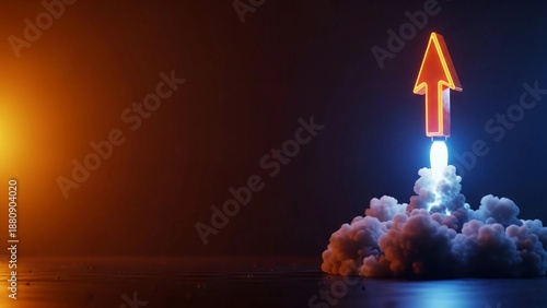 A large, glowing red arrow dramatically launches upwards like a rocket from a cloud of smoke against a dark sky.