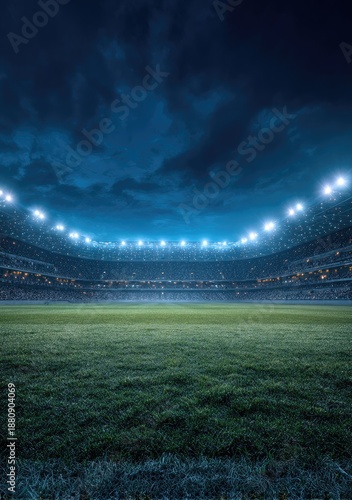 Stadium night scene turf field, bright lights, crowded seats, dramatic sky