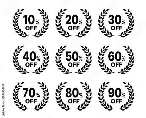 月桂樹の割引率セールラベルアイコンセット（白黒）