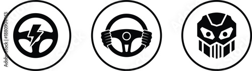Automotive control and safety icon set with steering wheel warning and driver symbols isolated on white background vector illustration