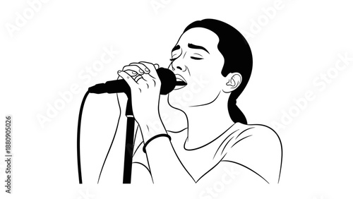 Black and white illustration of a woman singing into a microphone with her eyes closed and a simple background.