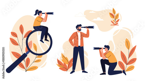 Group of professional people using binoculars and a giant magnifying glass to search for new business opportunities.