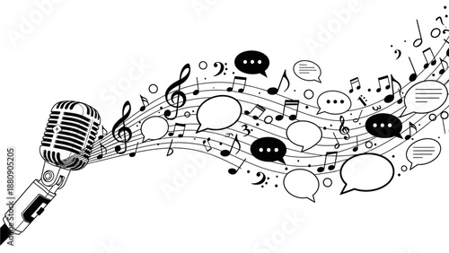Black and white illustration of a microphone with musical notes and speech bubbles emerging from it against a plain white background.