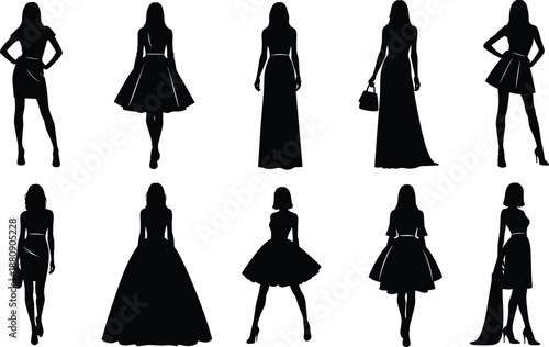 Collection, of, black, women, fashion, silhouettes, featuring, various, elegant, dresses, evening, gowns, and, stylish, formal, outfits, for, luxury, apparel, design.