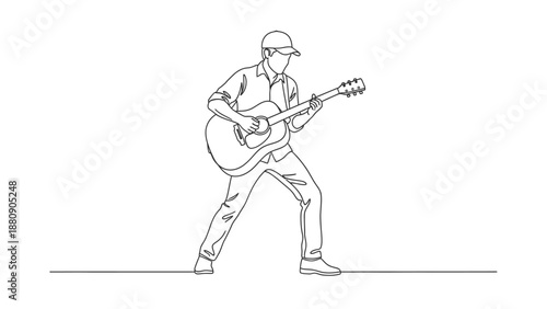 Continuous line drawing of a man playing an acoustic guitar with a dynamic stance on a plain background.