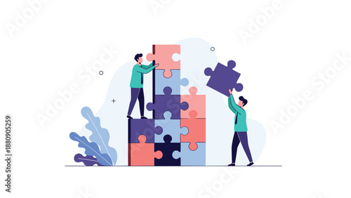 Two motivated people working together to assemble a large tower made of jigsaw puzzle pieces in a business concept.