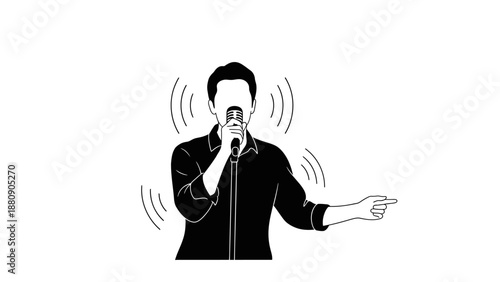 A man in a black shirt singing into a microphone with sound waves around him on a white background.
