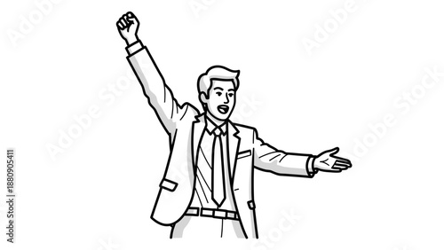 A man in a business suit with his arm raised in celebration against a clean white background.