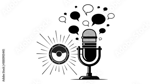 Flat design illustration of a microphone with speech bubbles and a sunburst on a white background.