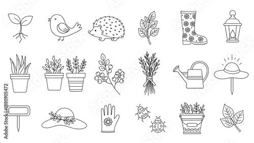 Comprehensive set of hand drawn gardening icons including plants, animals, and essential tools in a simple black and white line art style.