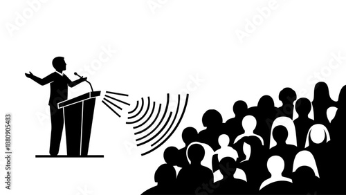 A public speaker stands at a podium addressing a crowd with sound waves emanating from the microphone in a simple black silhouette graphic on a white background.
