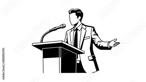 A man in a suit gestures while speaking at a podium with a microphone in a simple black and white illustration.