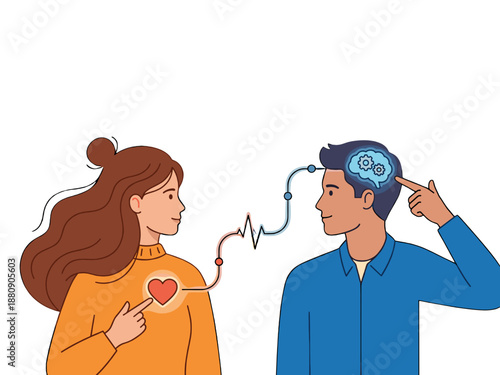 Illustration of a woman's heart and a man's brain connected by a line, symbolizing emotional and logical connection