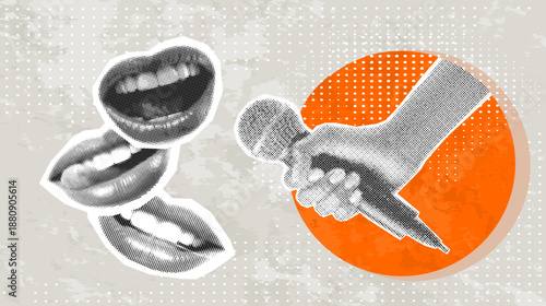 Trendy Halftone Collage mouths and microphone in hand. Collage banner would be fine for interview, podcast, news, public speaker or karaoke and singing.Halftone open mouth and mic. Vector illustration