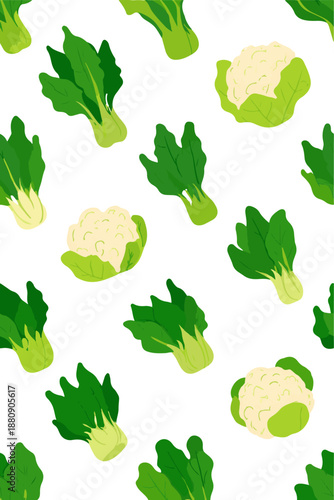 Bok Choy and Cauliflower Pattern Illustration on White Background