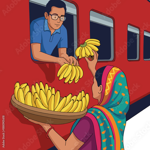 An Indian woman selling bananas to a man on a train through the window