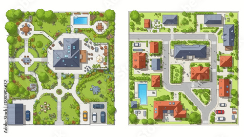 aerial view of two neighborhoods with houses and green spaces