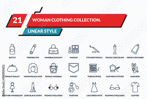 woman clothing collection. icons set - bottle, perdible pin, handbag elegant, reading eyeglasses, clothes outline vector collection.