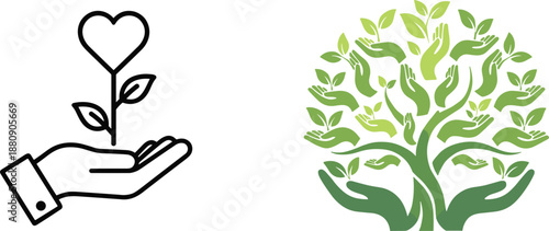 Hand holding heart shaped plant and eco tree illustration isolated on white background vector set for sustainability concept