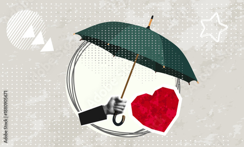 Trendy Halftone Collage with black and white hand holding an umbrella above a red heart. Modern collage style. Vector illustration	