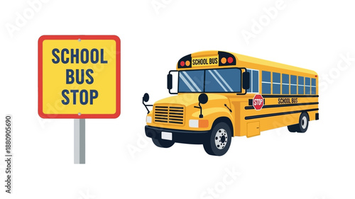 a yellow school bus next to a school bus stop sign