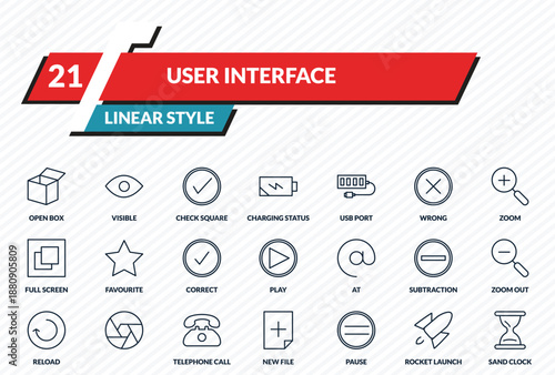 user interface icons set - open box, visible, check square, rocket launch, sand clock outline vector collection.
