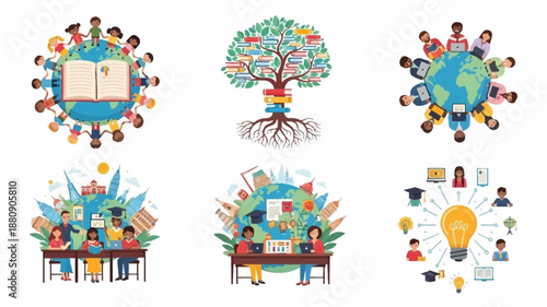 vibrant illustrations of diverse people learning and education concepts