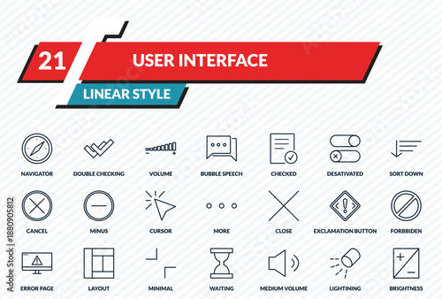 user interface icons set - navigator, double checking, volume, lightining, brightness outline vector collection.