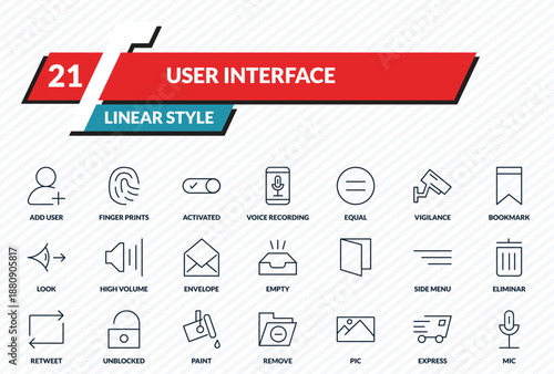 user interface icons set - add user, finger prints, activated, express, mic outline vector collection.