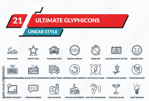 ultimate glyphicons icons set - pizza piece, empty star, taxi fron view, cocktail glass, light bulb on outline vector collection.