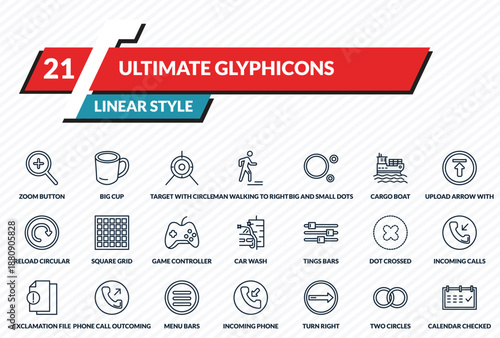 ultimate glyphicons icons set - zoom button, big cup, target with circle, two circles, calendar checked outline vector collection.
