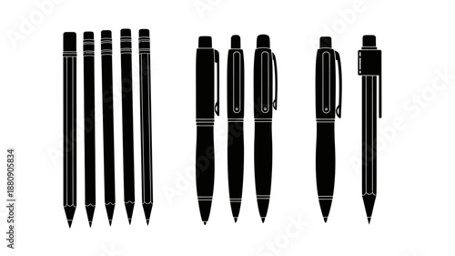 A collection of black and white pens and pencils arranged in a row