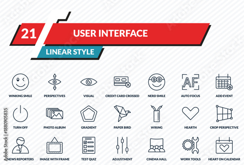 user interface icons set - winking smile, perspectives, visual, work tools, heart on calendar outline vector collection.