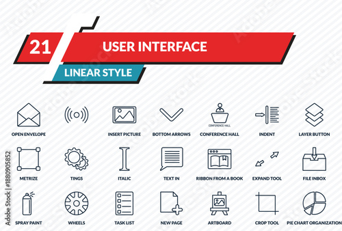 user interface icons set - open envelope, , insert picture, crop tool, pie chart organization outline vector collection.