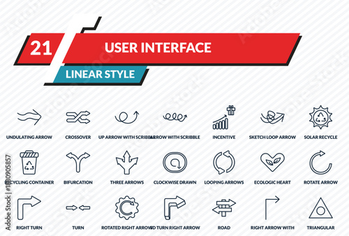 user interface icons set - undulating arrow, crossover, up arrow with scribble, right arrow with turn, triangular outline vector collection.