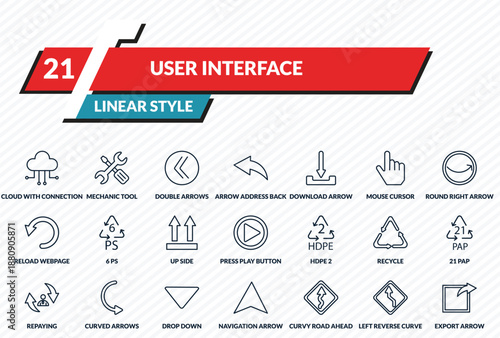 user interface icons set - cloud with connection, mechanic tool, double arrows, left reverse curve, export arrow outline vector collection.