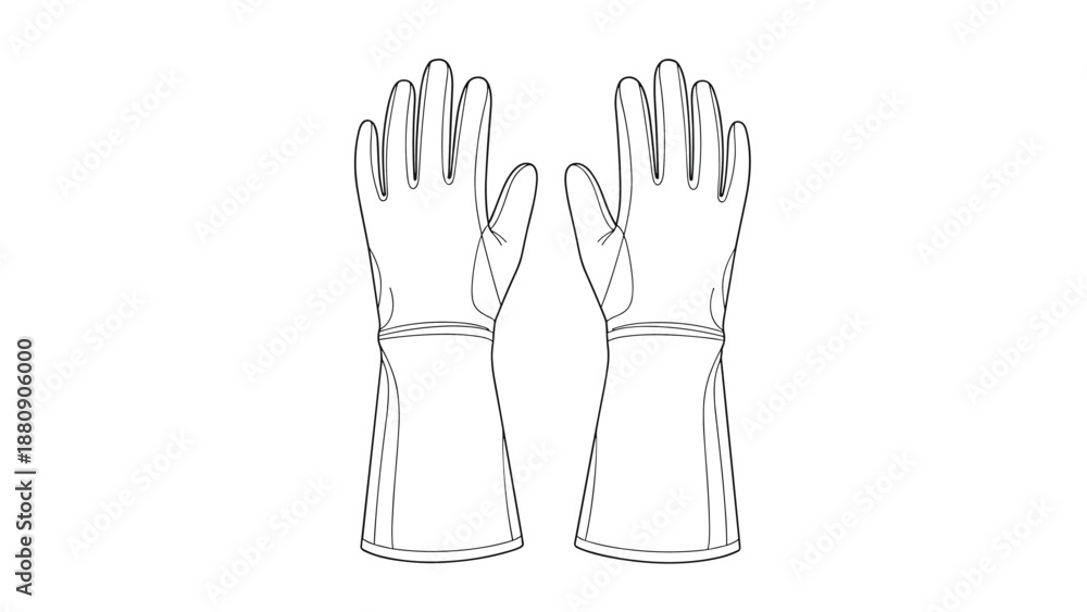 Fototapeta premium Pair of protective work or garden gloves in a simple black and white line art illustration style isolated on a plain white background.