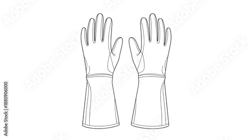 Pair of protective work or garden gloves in a simple black and white line art illustration style isolated on a plain white background.
