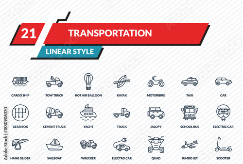transportation icons set - cargo ship, tow truck, hot air balloon, jumbo jet, scooter outline vector collection.