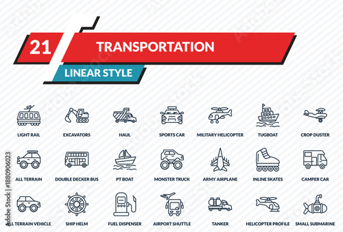 transportation icons set - light rail, excavators, haul, helicopter profile, small submarine outline vector collection.