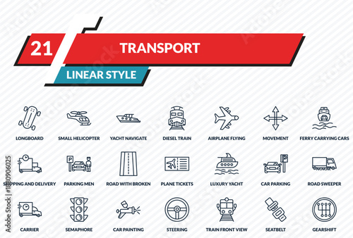 transport icons set - longboard, small helicopter, yacht navigate, seatbelt, gearshift outline vector collection.
