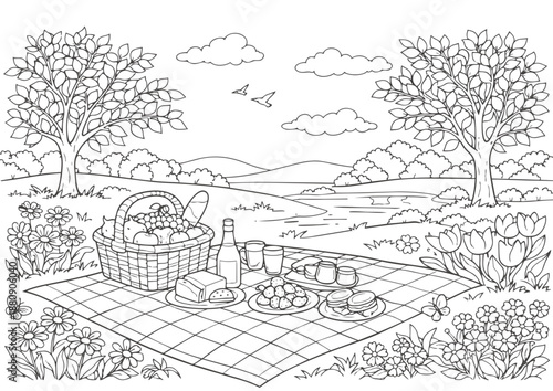 Romantic picnic setup in serene countryside at dusk with wine