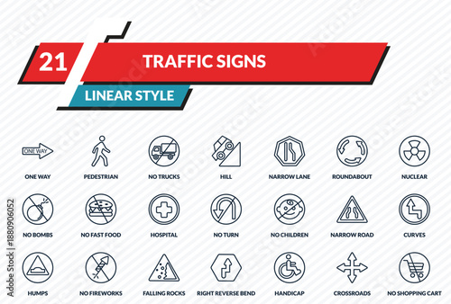 traffic signs icons set - one way, pedestrian, no trucks, crossroads, no shopping cart outline vector collection.