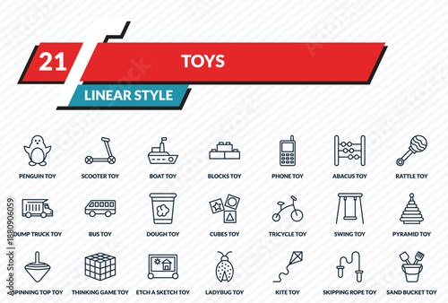 toys icons set - penguin toy, scooter toy, boat toy, skipping rope sand bucket outline vector collection.