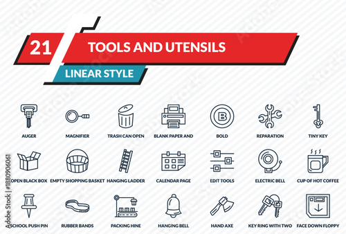 tools and utensils icons set - auger, magnifier, trash can open, key ring with two keys, face down floppy disk outline vector collection.
