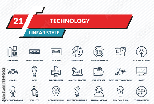 technology icons set - fax phone, horizontal film strip, caste tape, ecologic bulb, transmission outline vector collection.
