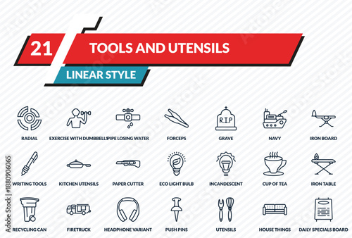 tools and utensils icons set - radial, exercise with dumbbells, pipe losing water, house things, daily specials board outline vector collection.