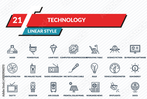 technology icons set - hood, power plug, lamp post, spotlights, dock outline vector collection.